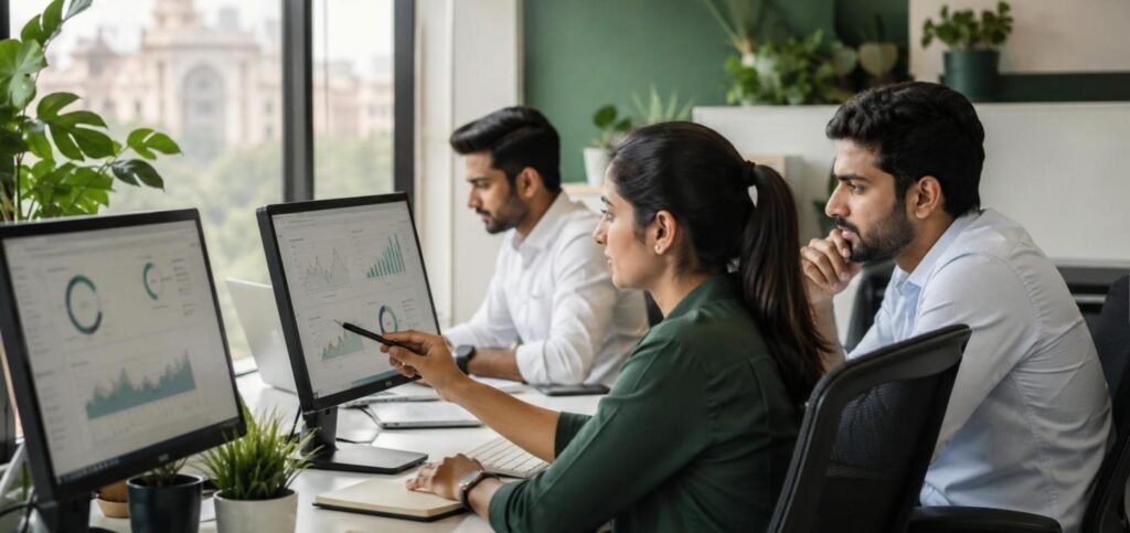 Nakh Marketing SEO strategists reviewing keyword and search performance dashboards at the agency office in Dwarka, New Delhi