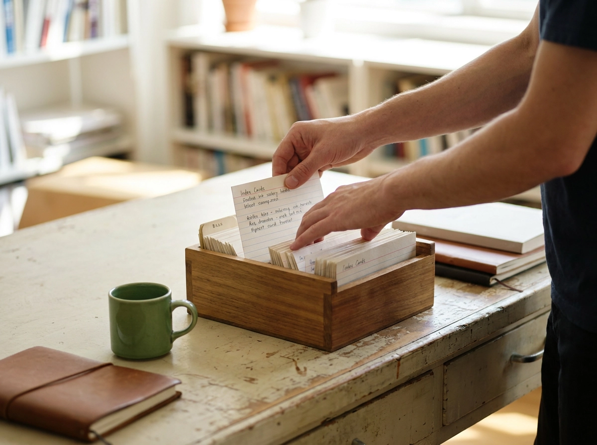 Close-up of hands sorting index cards in a wooden box, illustrating entity signal verification for
