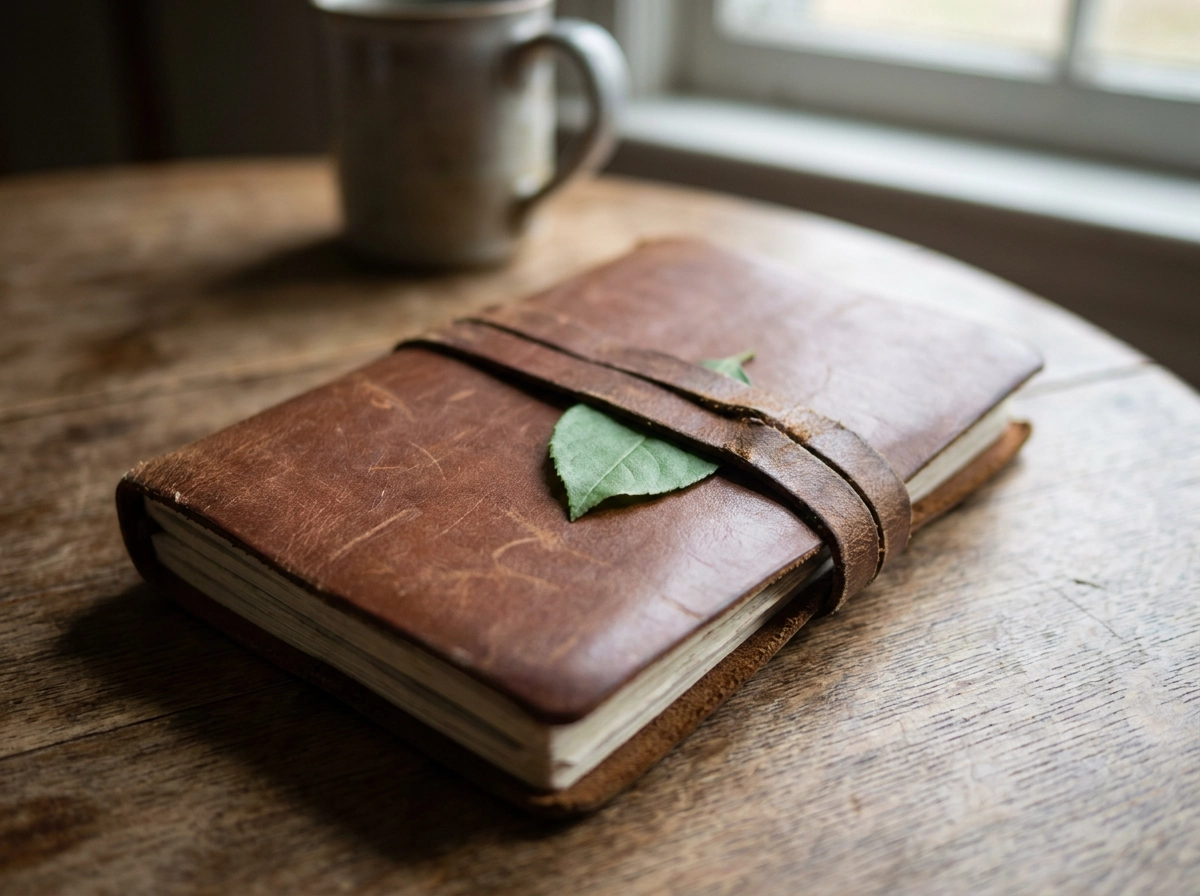 A leather-bound notebook with a pressed leaf marking a place for content creation and entity