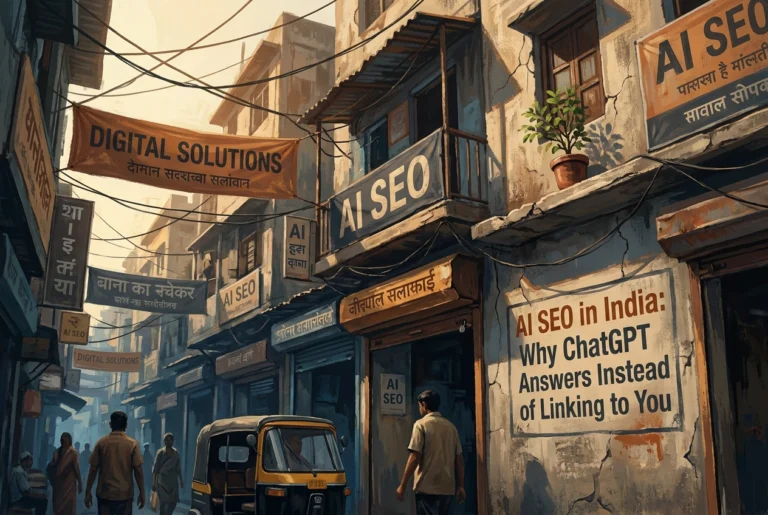 Professional header image for industry analysis: AI SEO in India: Why ChatGPT Answers Instead of Linking t...