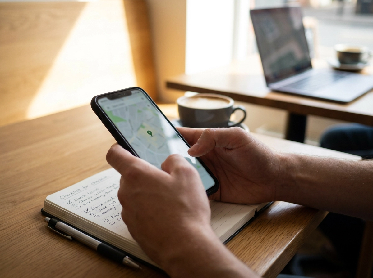 Person reviewing a checklist on a smartphone displaying a map, illustrating local SEO visibility monitoring